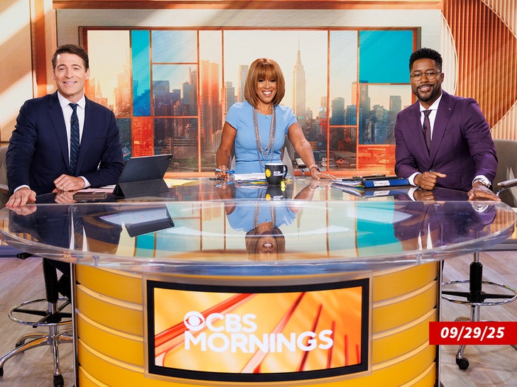 Gayle King on the CBS Mornings set at the anchor desk