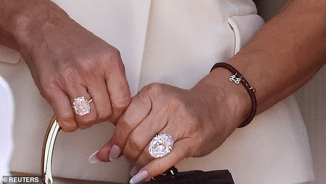 Lauren Sanchez's large diamond rings; natural versions valued in the millions, lab-grown analogs estimated at $50,000–$80,000