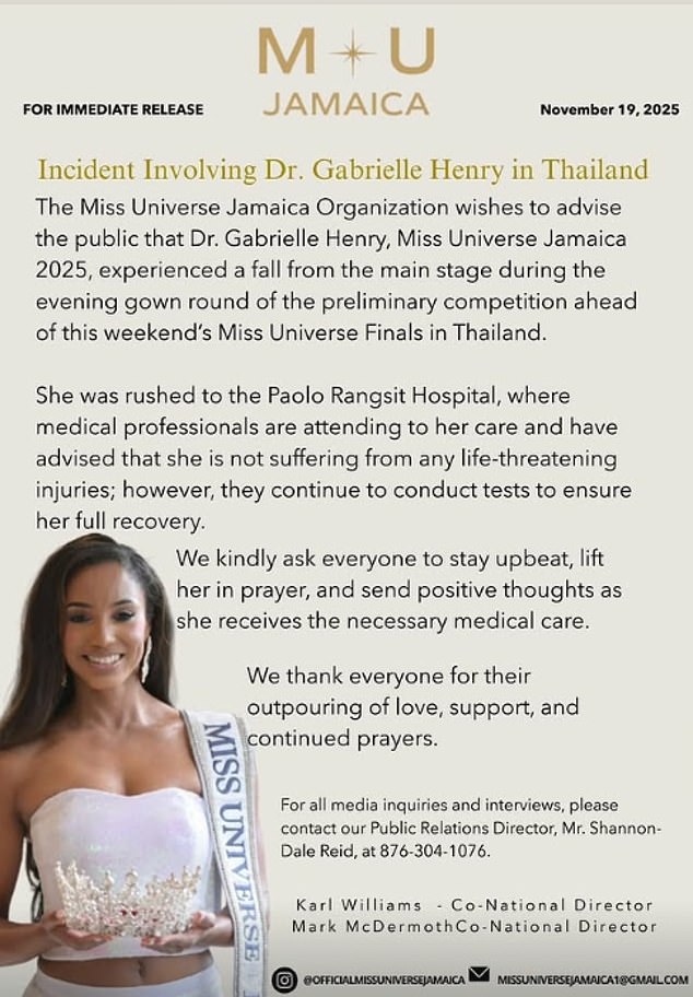 Official statement from Miss Universe Jamaica regarding Gabrielle Henry's fall and hospital evaluation.