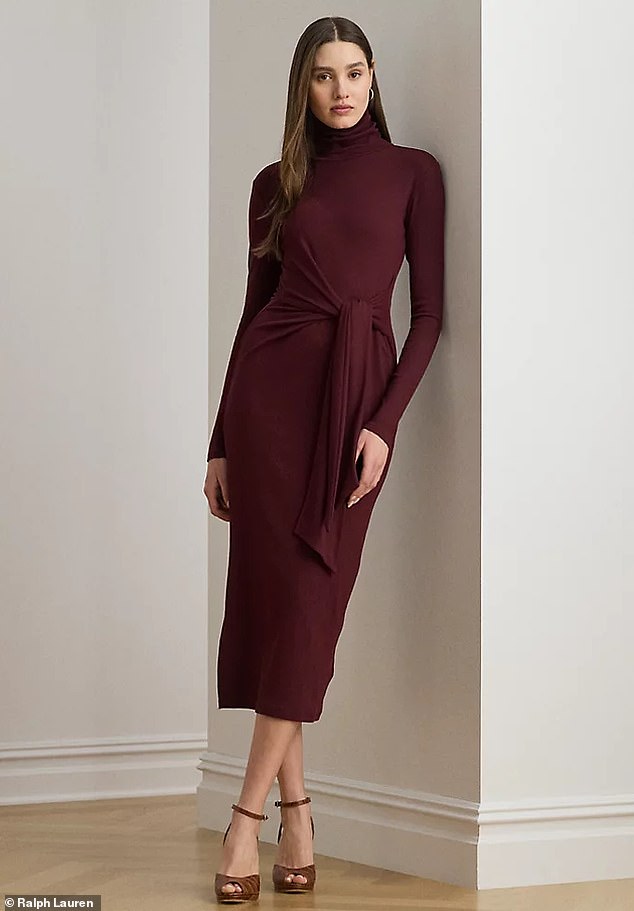 Usha Vance in a burgundy Ralph Lauren turtleneck dress with a tie-belt.
