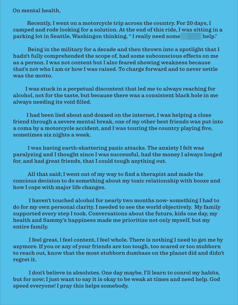 Zach Bryan's Instagram post about mental health on November 18, 2025.